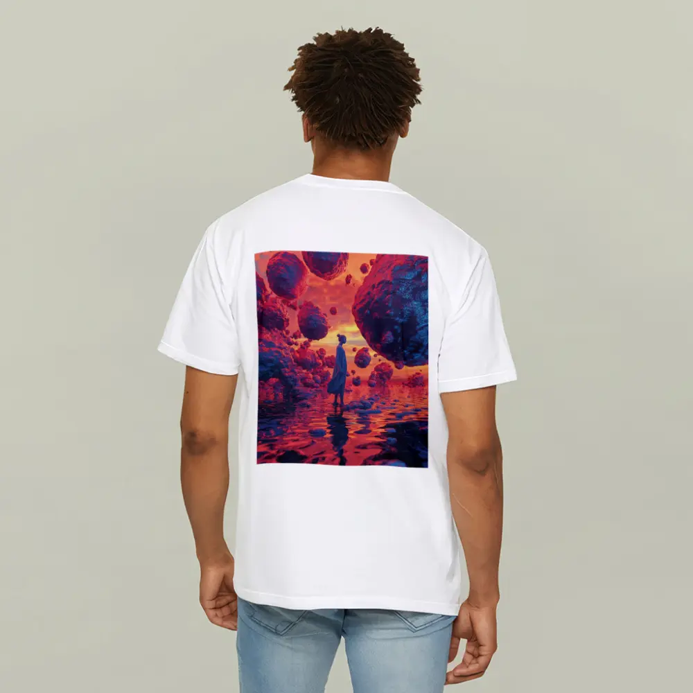 Surreal Woman Standing Among Floating Rocks – T-Shirts