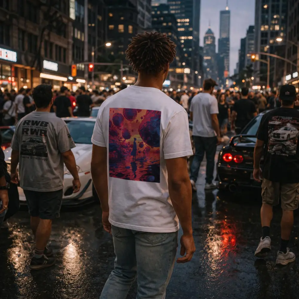 Surreal Woman Standing Among Floating Rocks – T-Shirts