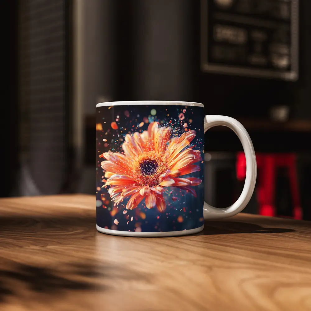 Exploding Gerbera Daisy Orange Bokeh Background – Mugs