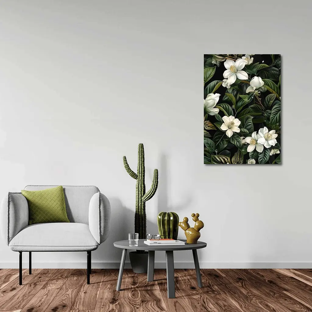 White Magnolia Flowers Dark Green Botanical – Wall Art