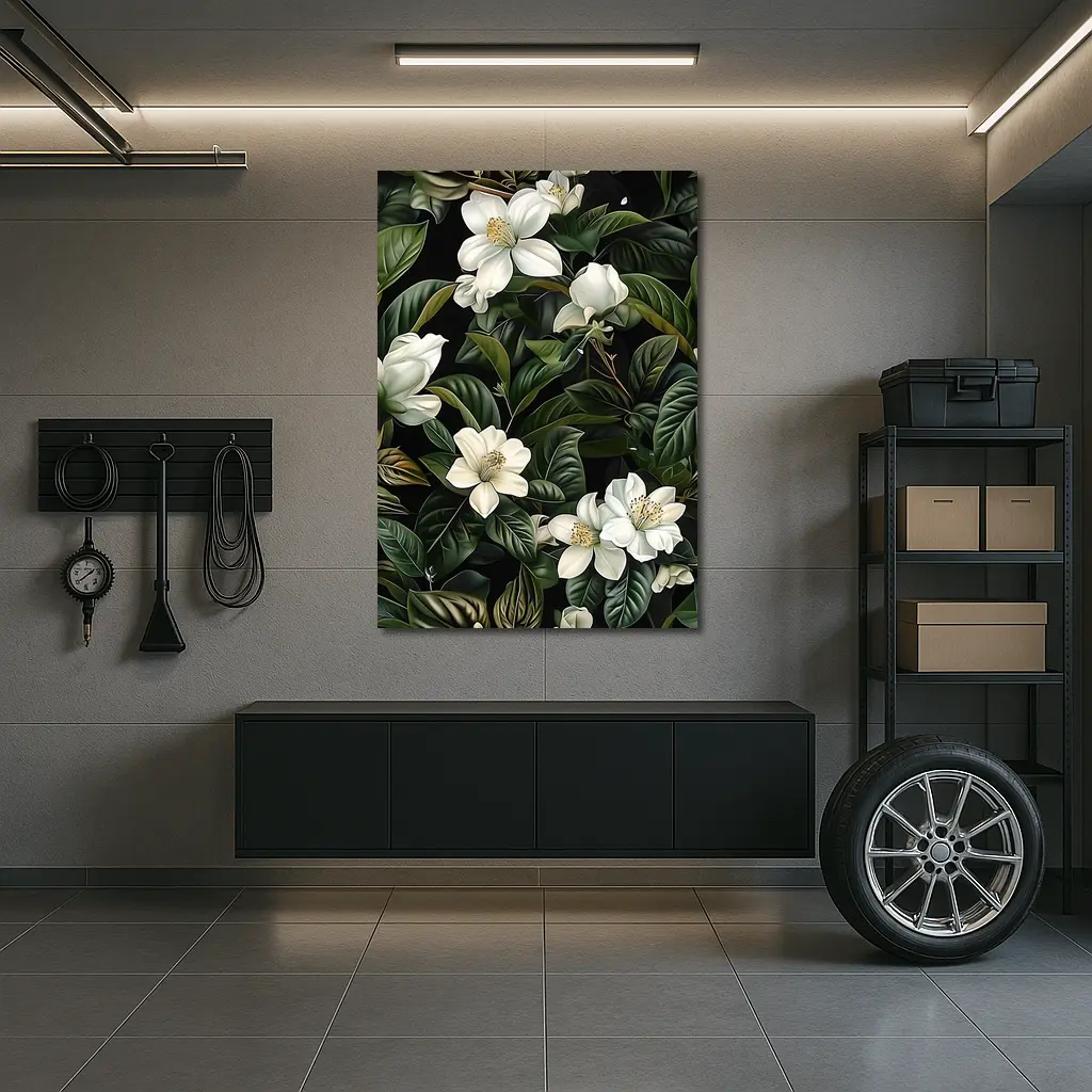 White Magnolia Flowers Dark Green Botanical – Wall Art