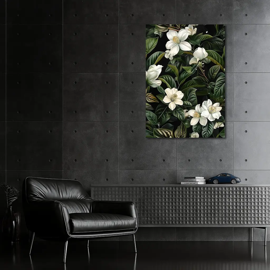 White Magnolia Flowers Dark Green Botanical – Wall Art