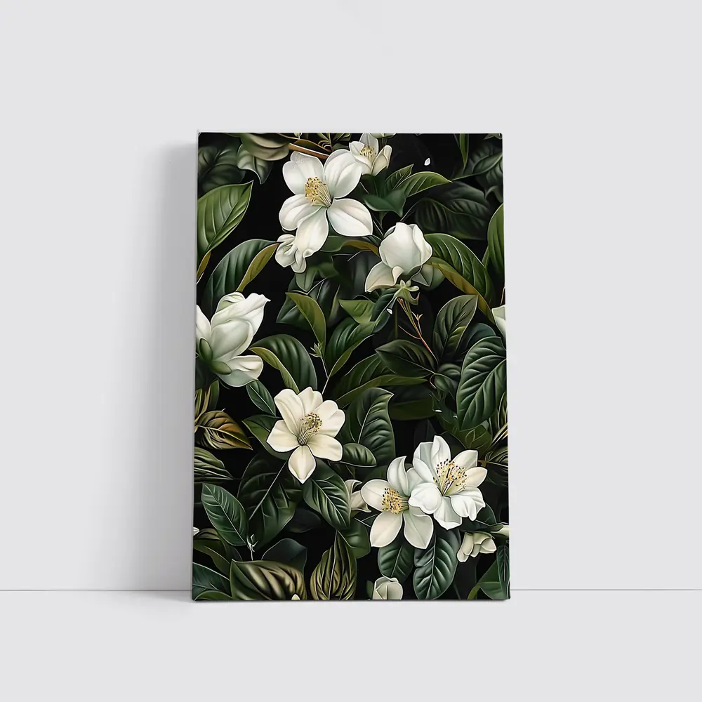 White Magnolia Flowers Dark Green Botanical – Wall Art
