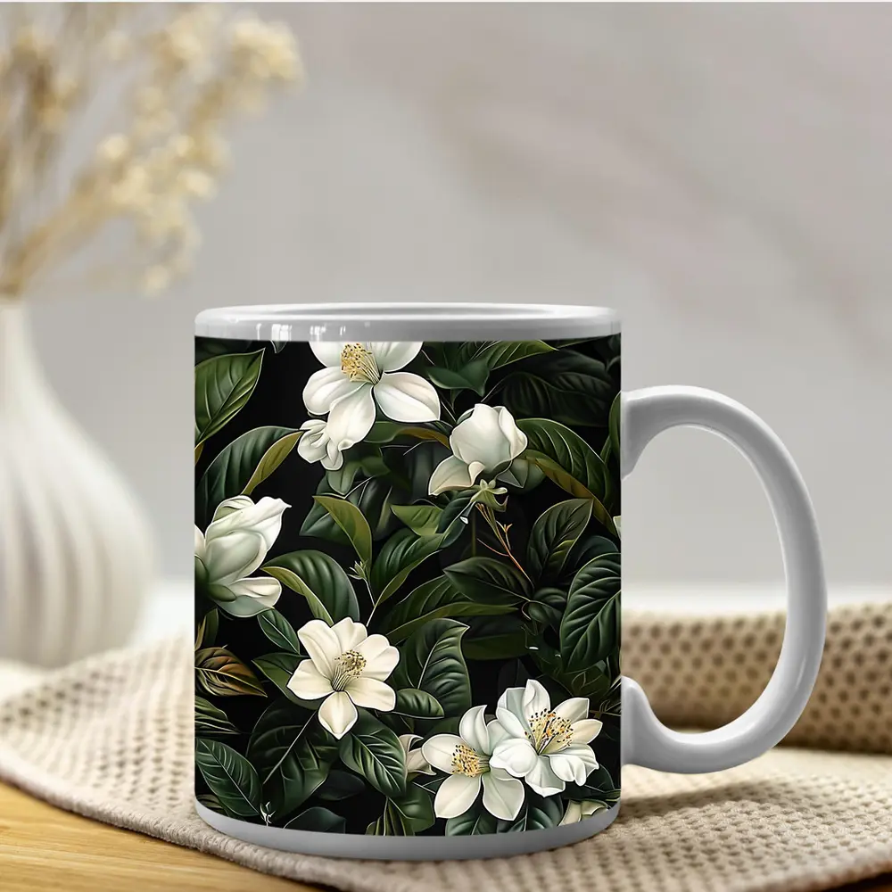 White Magnolia Flowers Dark Green Botanical – Mugs