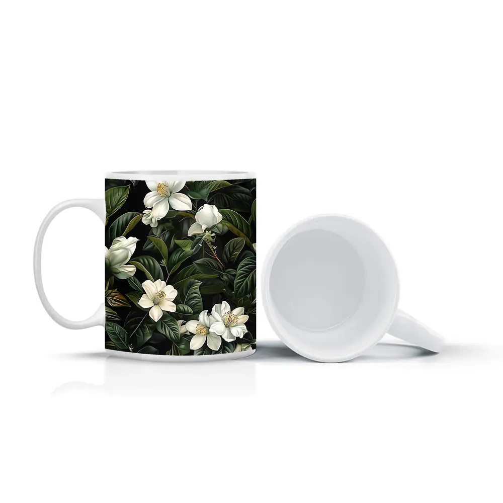 White Magnolia Flowers Dark Green Botanical – Mugs