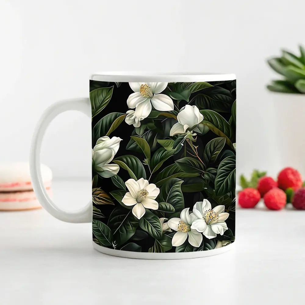White Magnolia Flowers Dark Green Botanical – Mugs