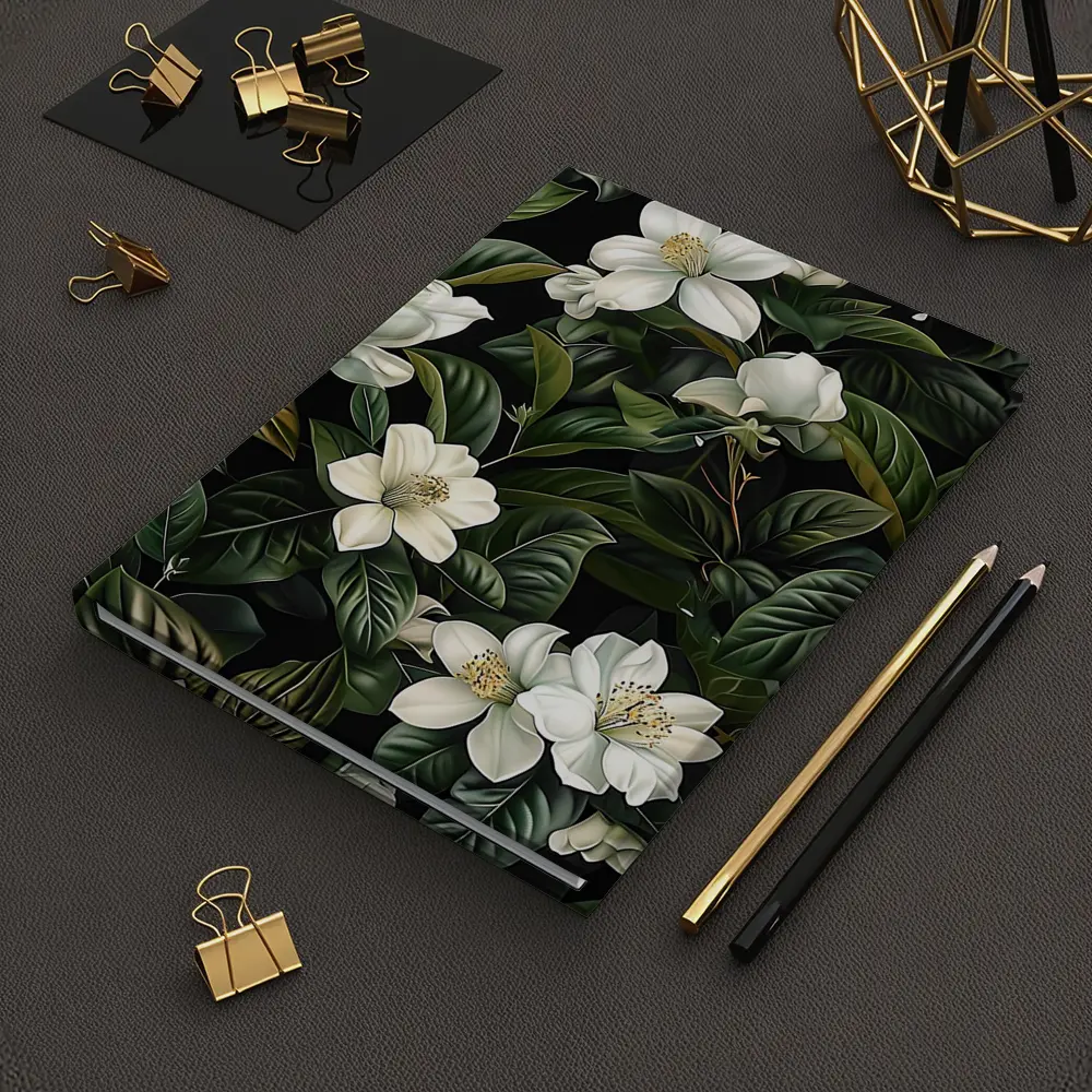 White Magnolia Flowers Dark Green Botanical – Notebooks