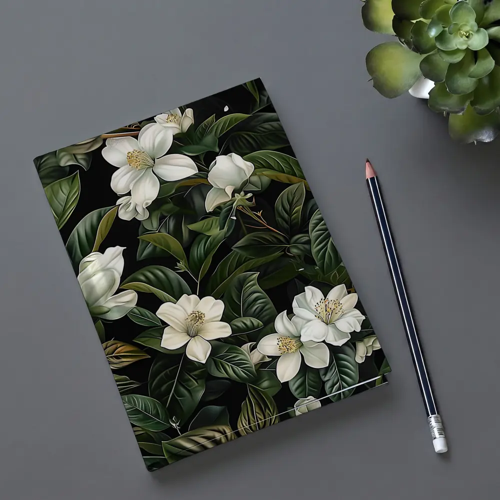 White Magnolia Flowers Dark Green Botanical – Notebooks