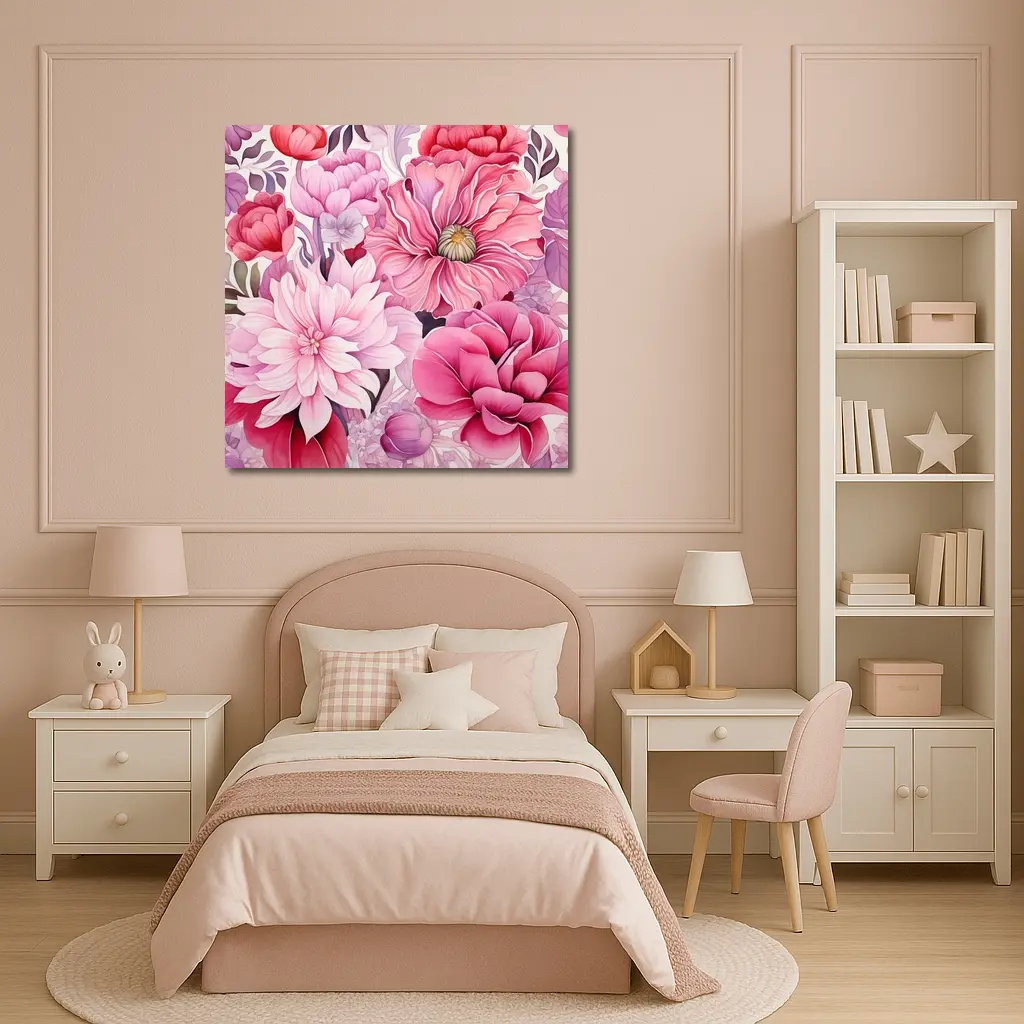 Pink Peonies Dahlias Floral Watercolor Art – Wall Art