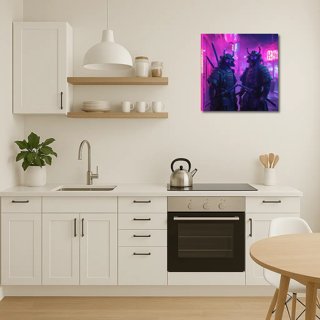 Neon Samurai Warriors Dark Cyberpunk City Street – Wall Art