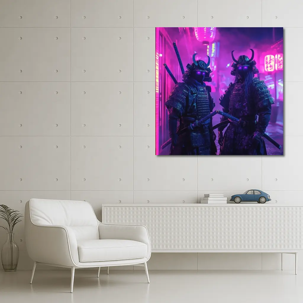 Neon Samurai Warriors Dark Cyberpunk City Street – Wall Art