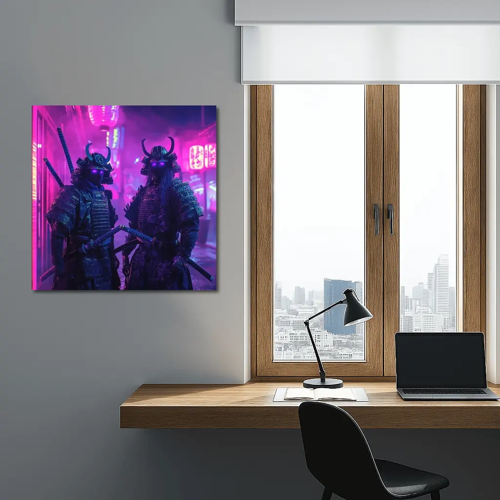 Neon Samurai Warriors Dark Cyberpunk City Street – Wall Art