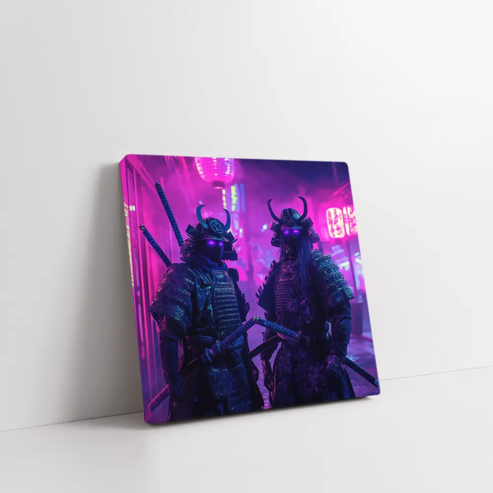 Neon Samurai Warriors Dark Cyberpunk City Street – Wall Art