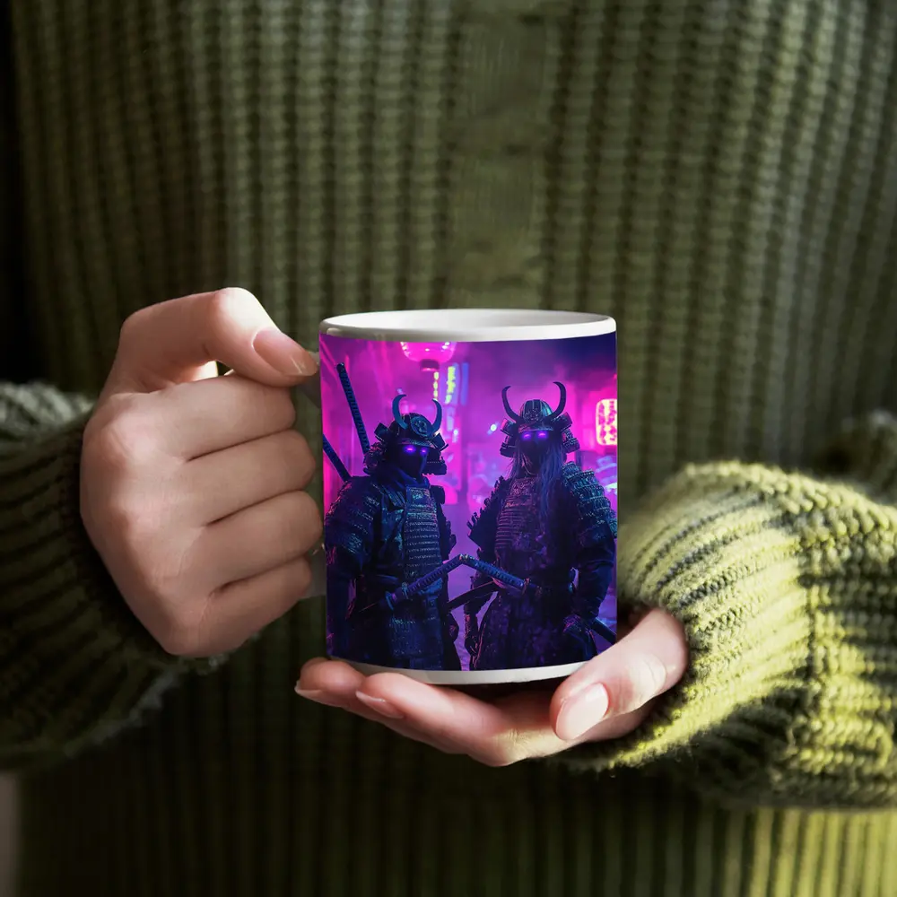 Neon Samurai Warriors Dark Cyberpunk City Street – Mugs