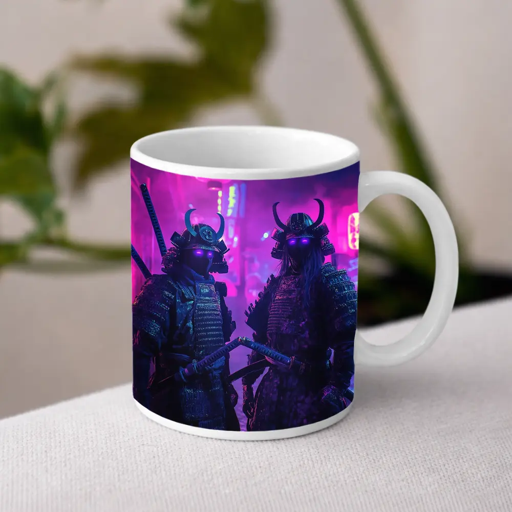 Neon Samurai Warriors Dark Cyberpunk City Street – Mugs