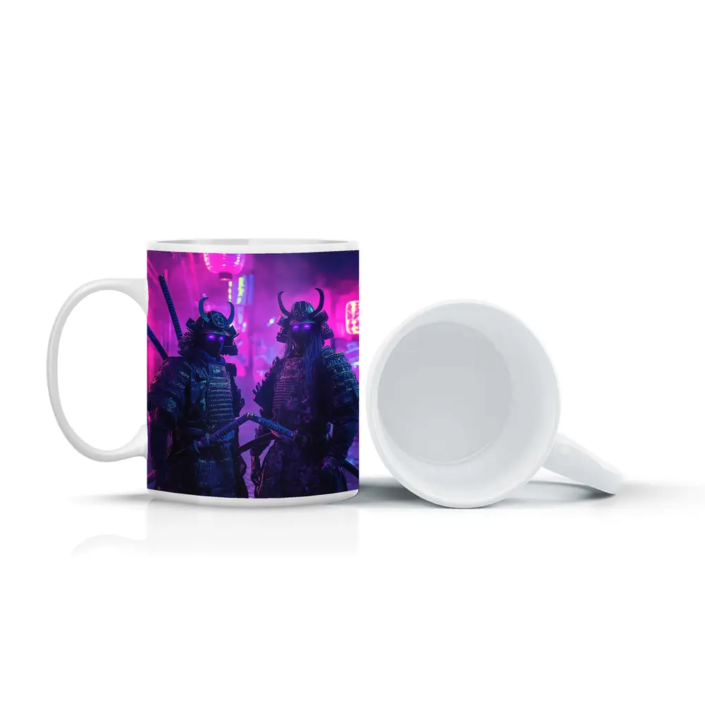 Neon Samurai Warriors Dark Cyberpunk City Street – Mugs