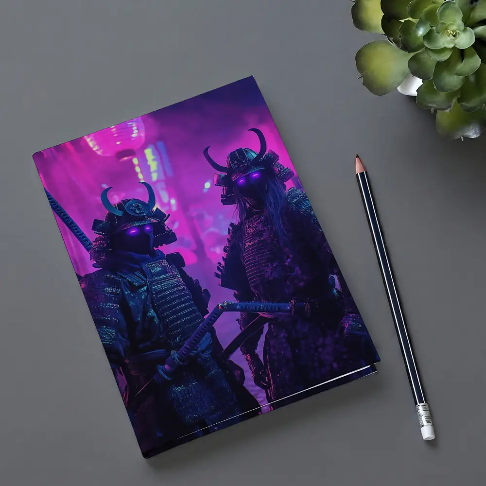 Neon Samurai Warriors Dark Cyberpunk City Street – Notebooks