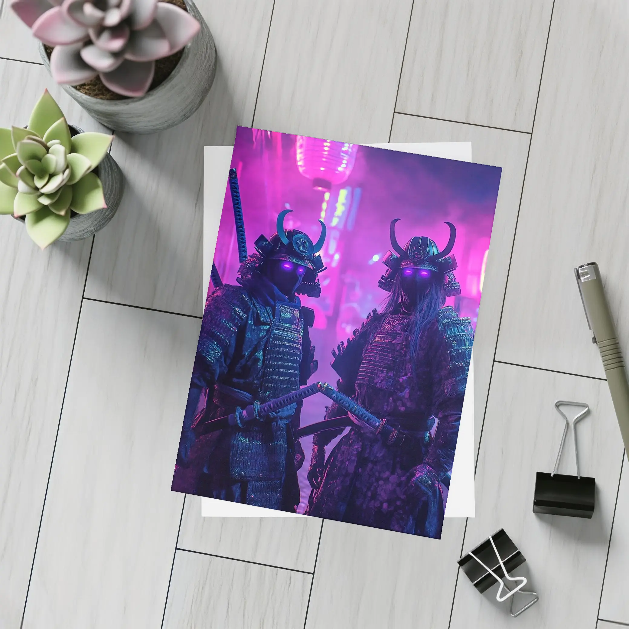 Neon Samurai Warriors Dark Cyberpunk City Street – Postcards
