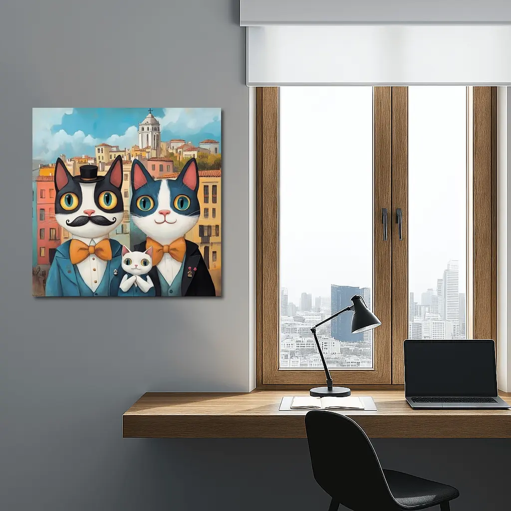 Cat Family Portrait Colorful City Background – Wall Art