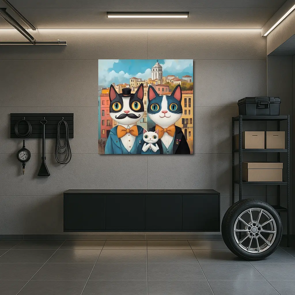 Cat Family Portrait Colorful City Background – Wall Art