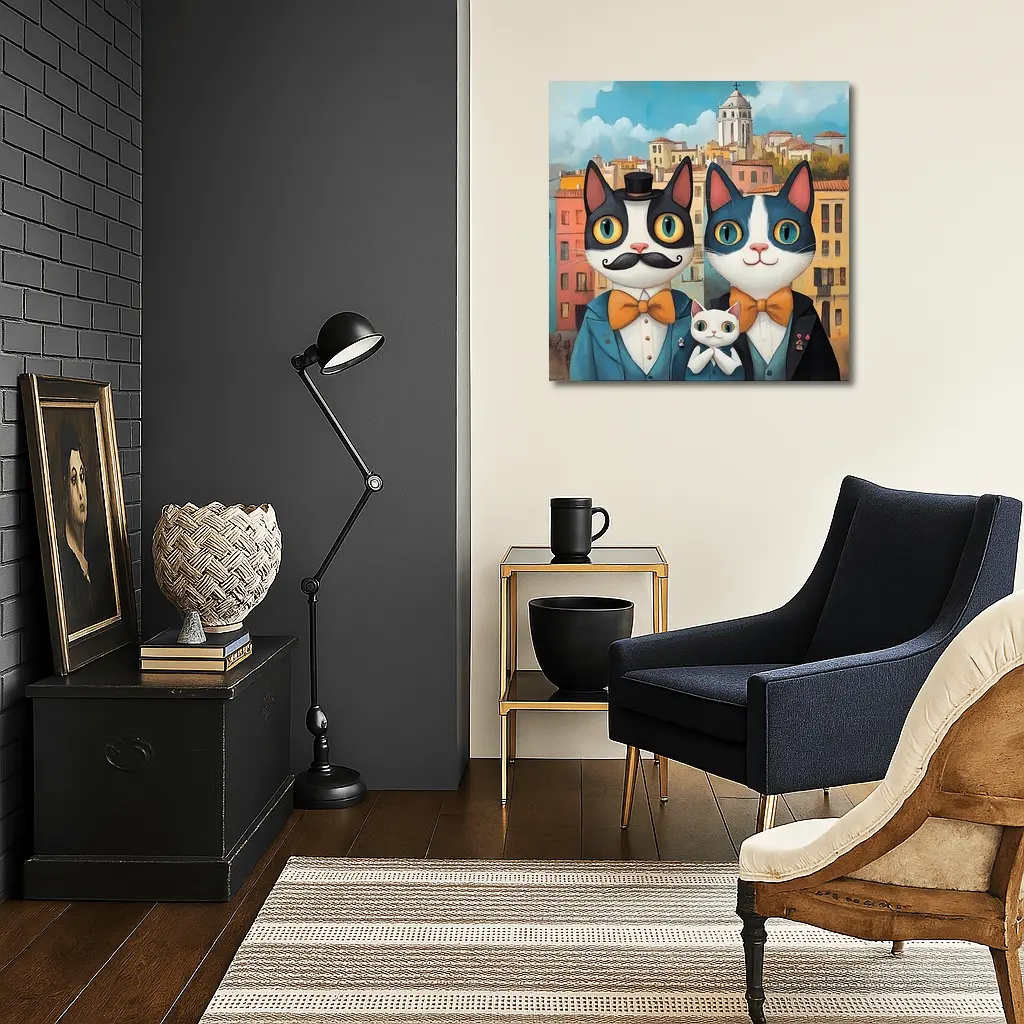 Cat Family Portrait Colorful City Background – Wall Art