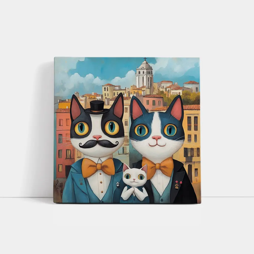 Cat Family Portrait Colorful City Background – Wall Art