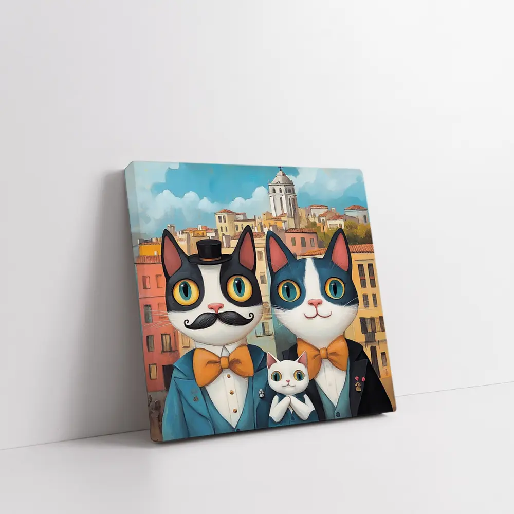 Cat Family Portrait Colorful City Background – Wall Art