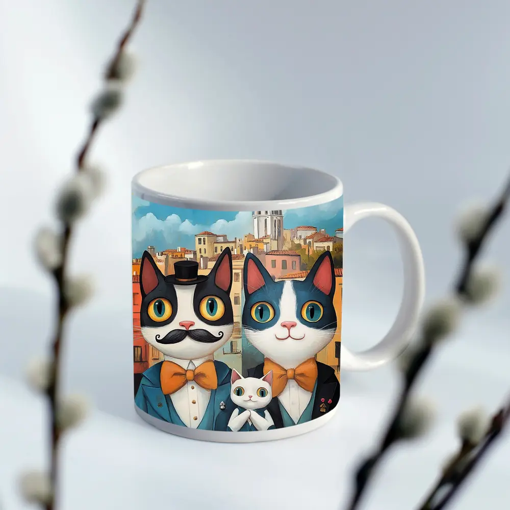 Cat Family Portrait Colorful City Background – Mugs