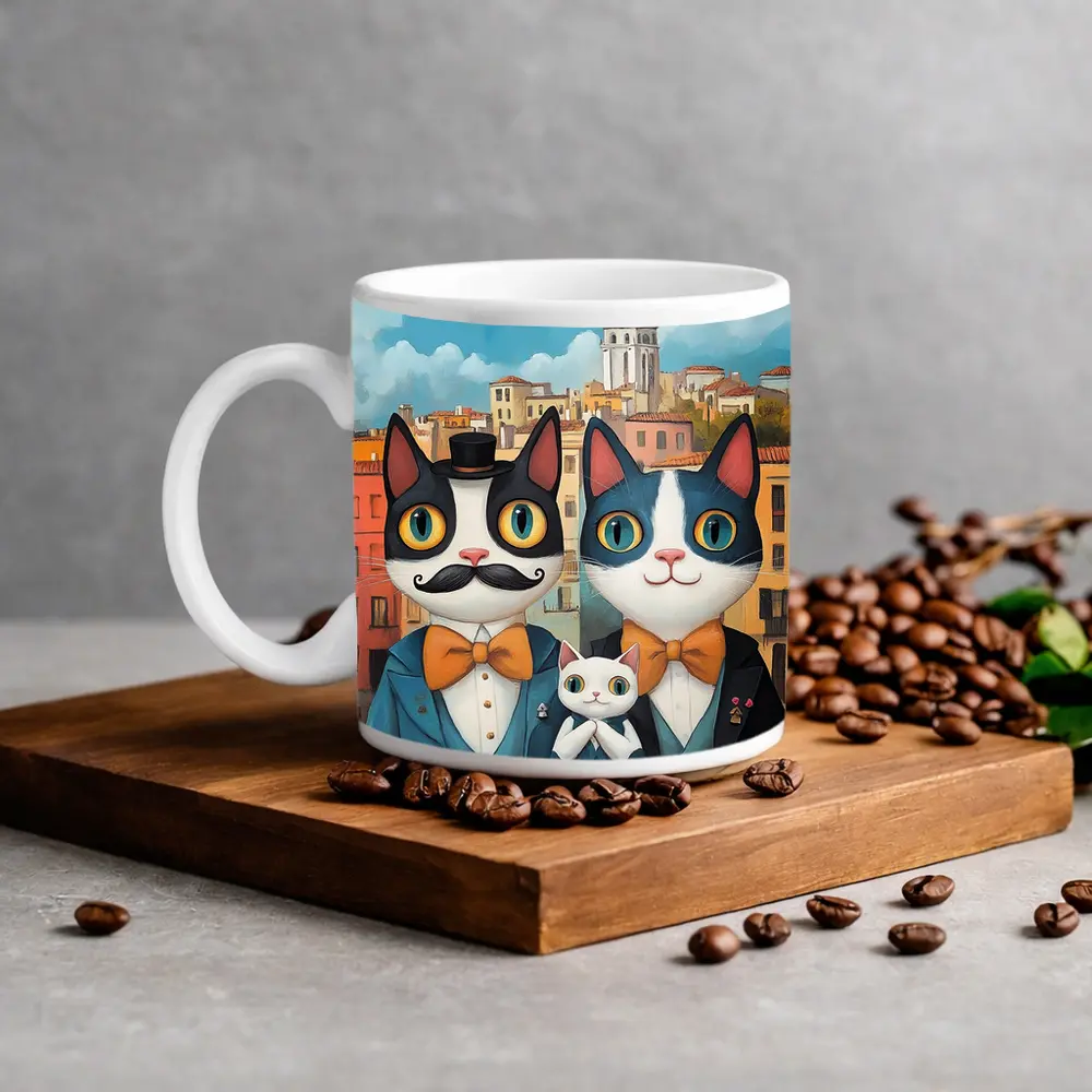 Cat Family Portrait Colorful City Background – Mugs