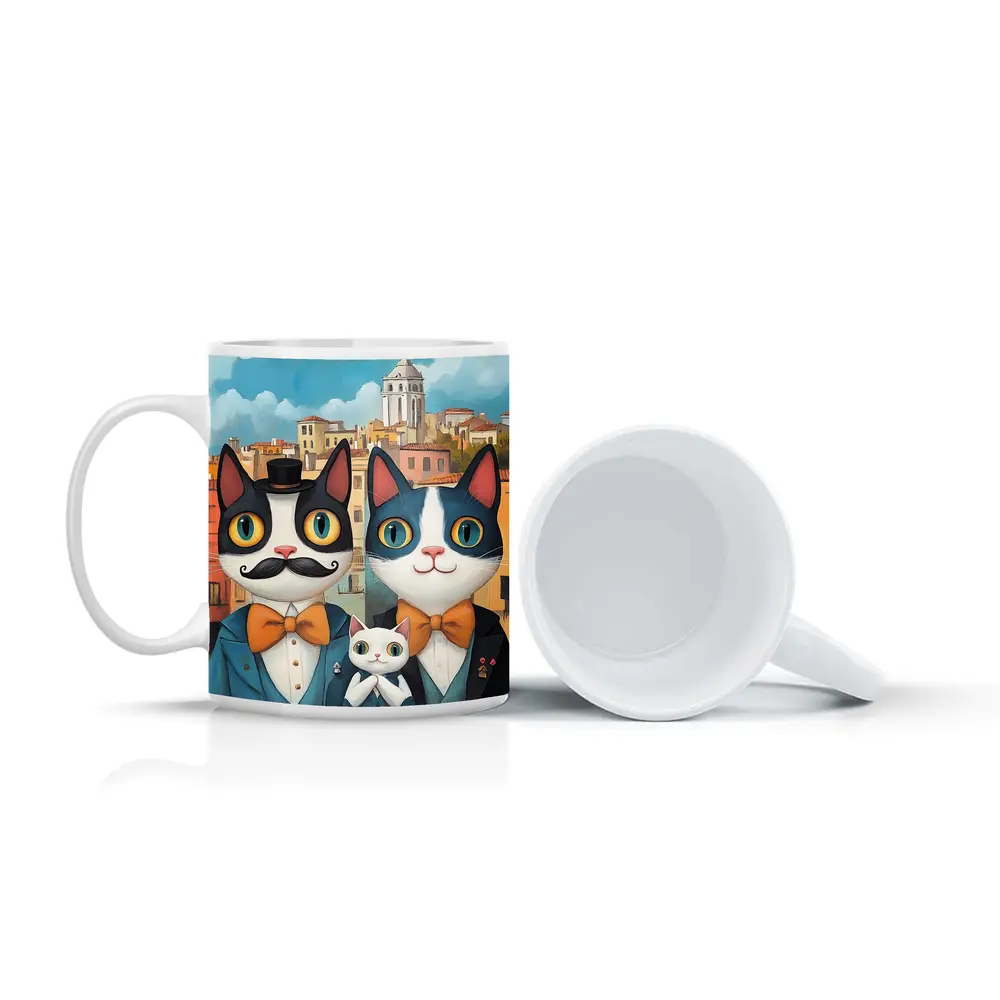 Cat Family Portrait Colorful City Background – Mugs