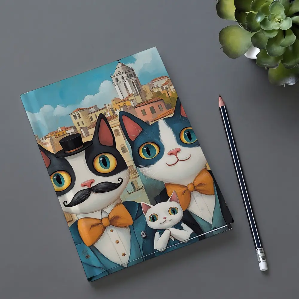 Cat Family Portrait Colorful City Background – Notebooks