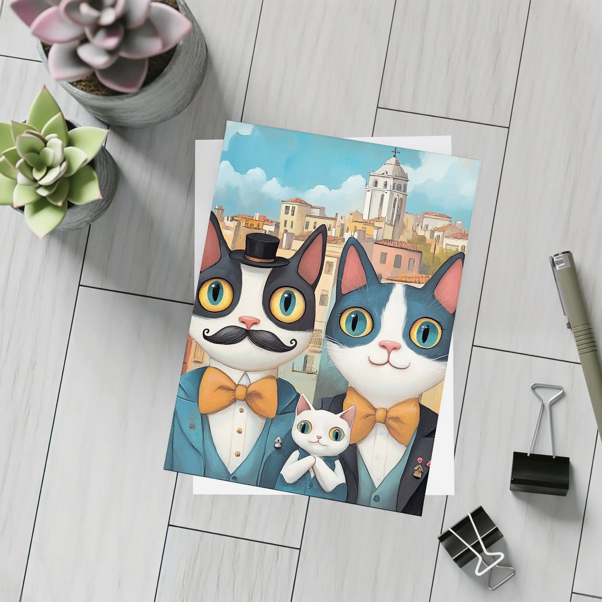 Cat Family Portrait Colorful City Background – Postcards