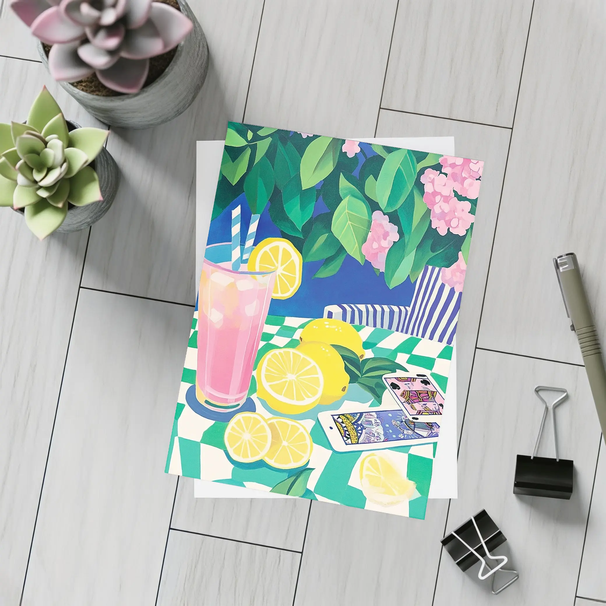 Pink Lemonade Still Life Checkered Table Art – Postcards