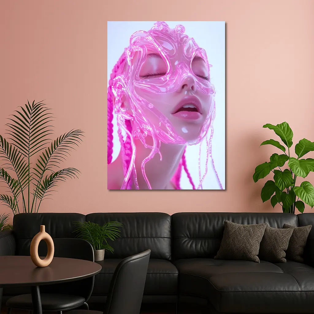 Pink Futuristic Transparent Face Mask Woman – Wall Art