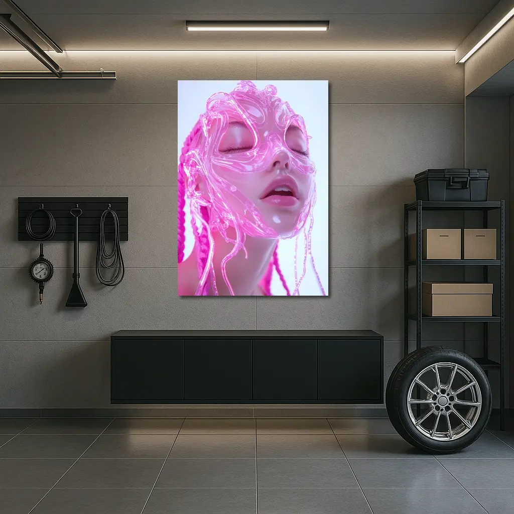 Pink Futuristic Transparent Face Mask Woman – Wall Art