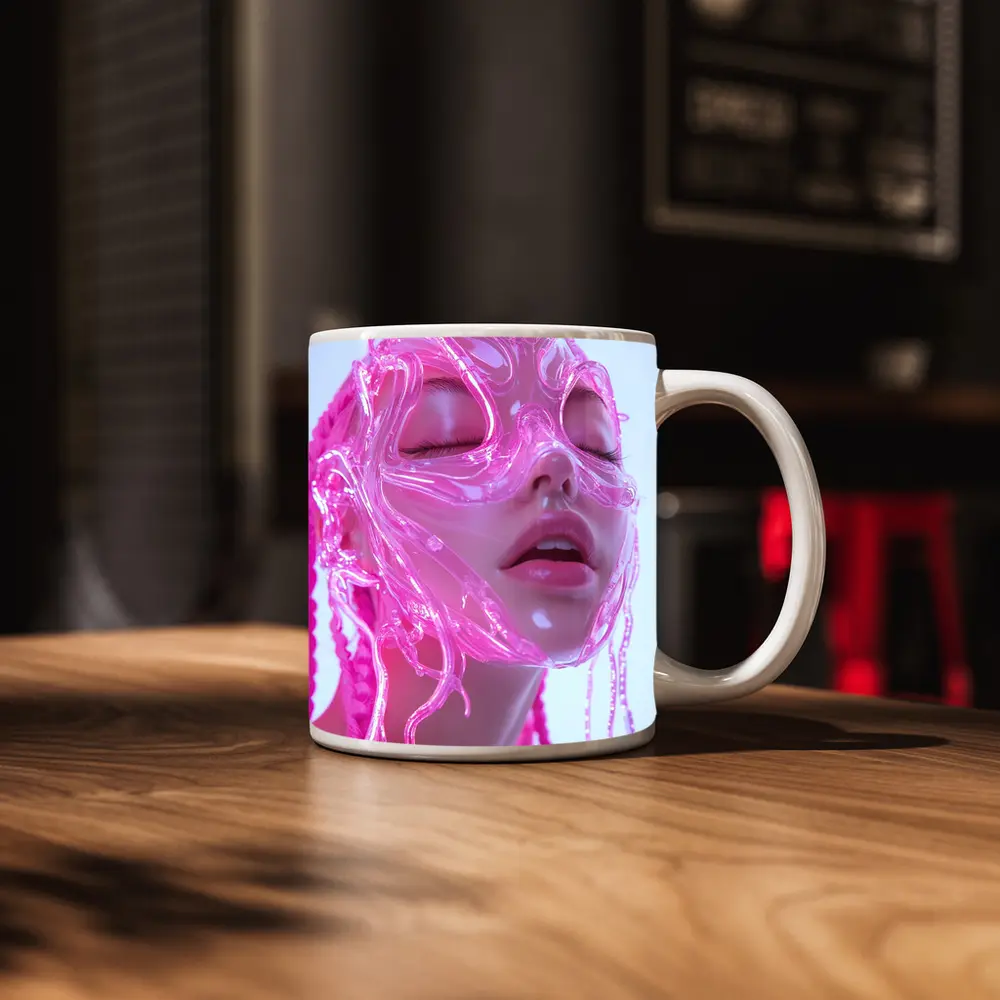 Pink Futuristic Transparent Face Mask Woman – Mugs