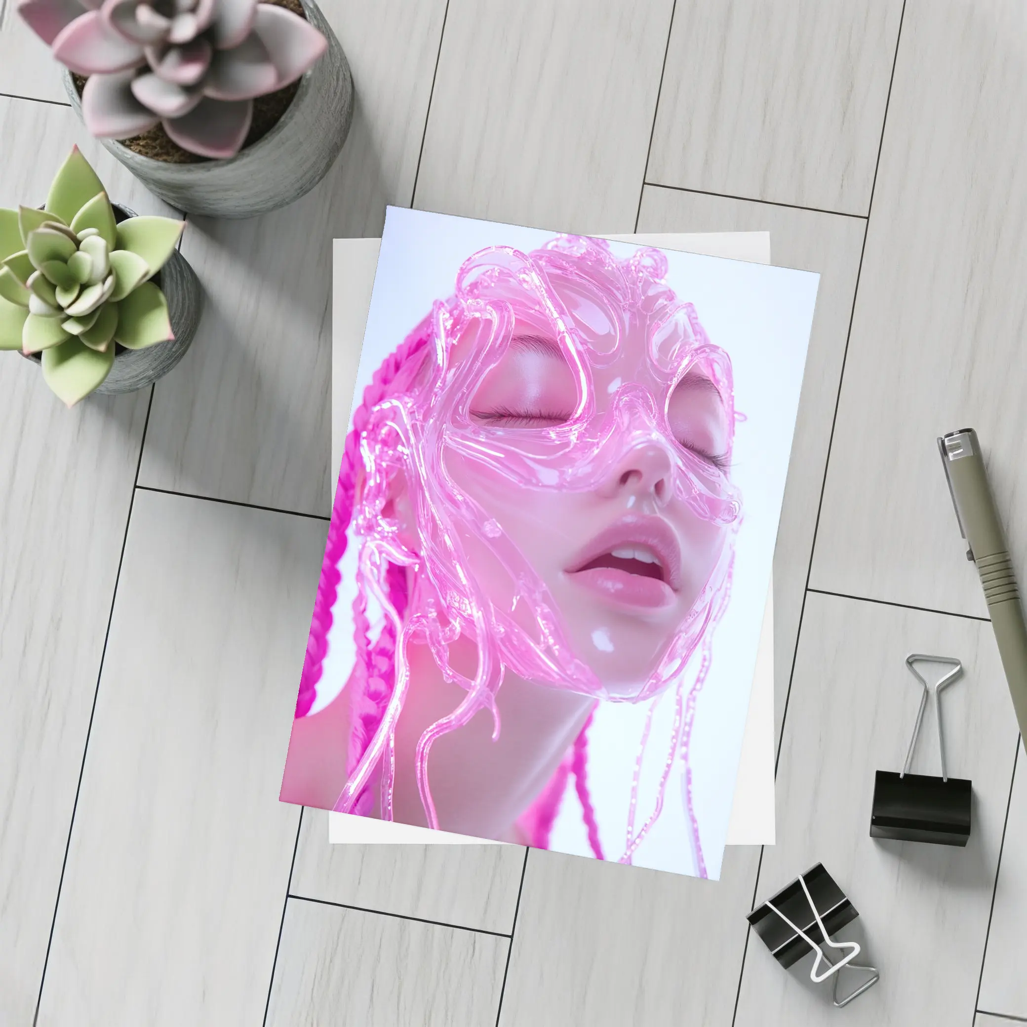 Pink Futuristic Transparent Face Mask Woman – Postcards