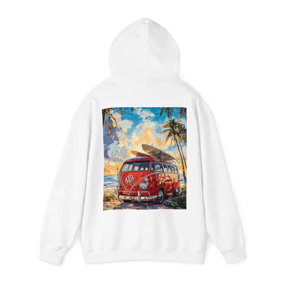 Red VW Bus Parked On Tropical Beach – Hoodies