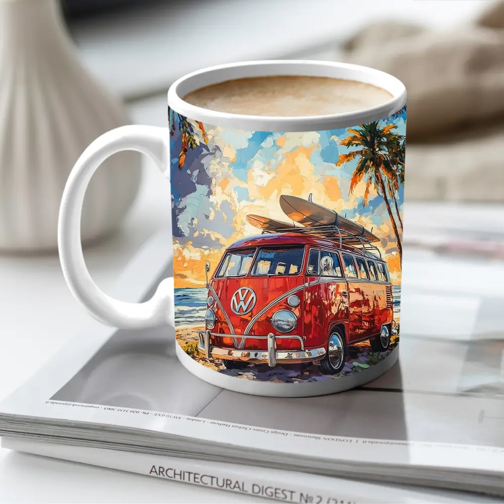 Red VW Bus Parked On Tropical Beach – Mugs
