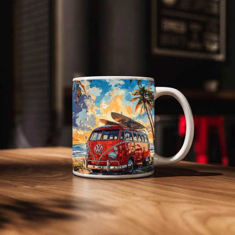Red VW Bus Parked On Tropical Beach – Mugs