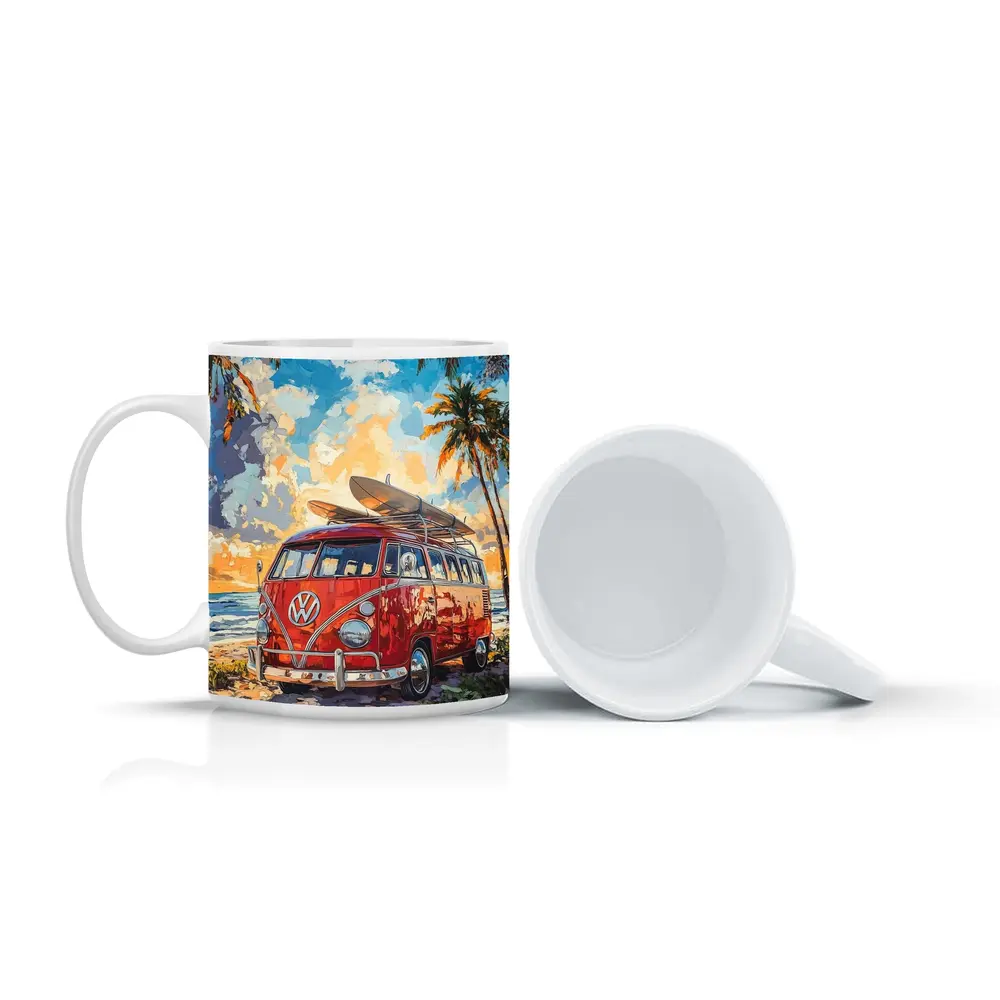 Red VW Bus Parked On Tropical Beach – Mugs