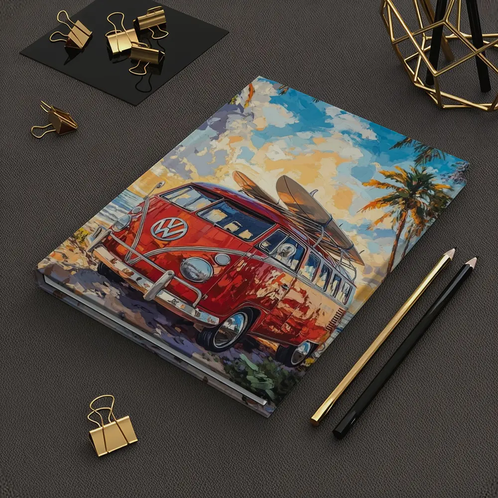Red VW Bus Parked On Tropical Beach – Notebooks