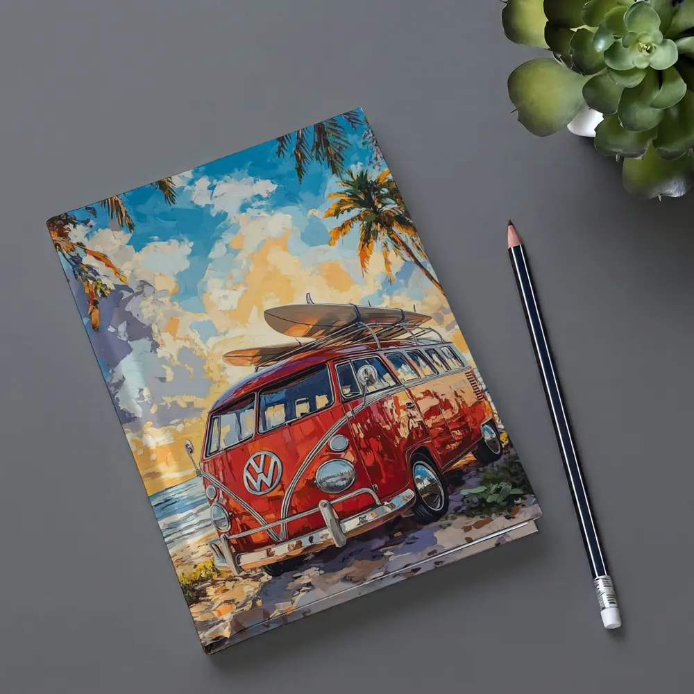 Red VW Bus Parked On Tropical Beach – Notebooks