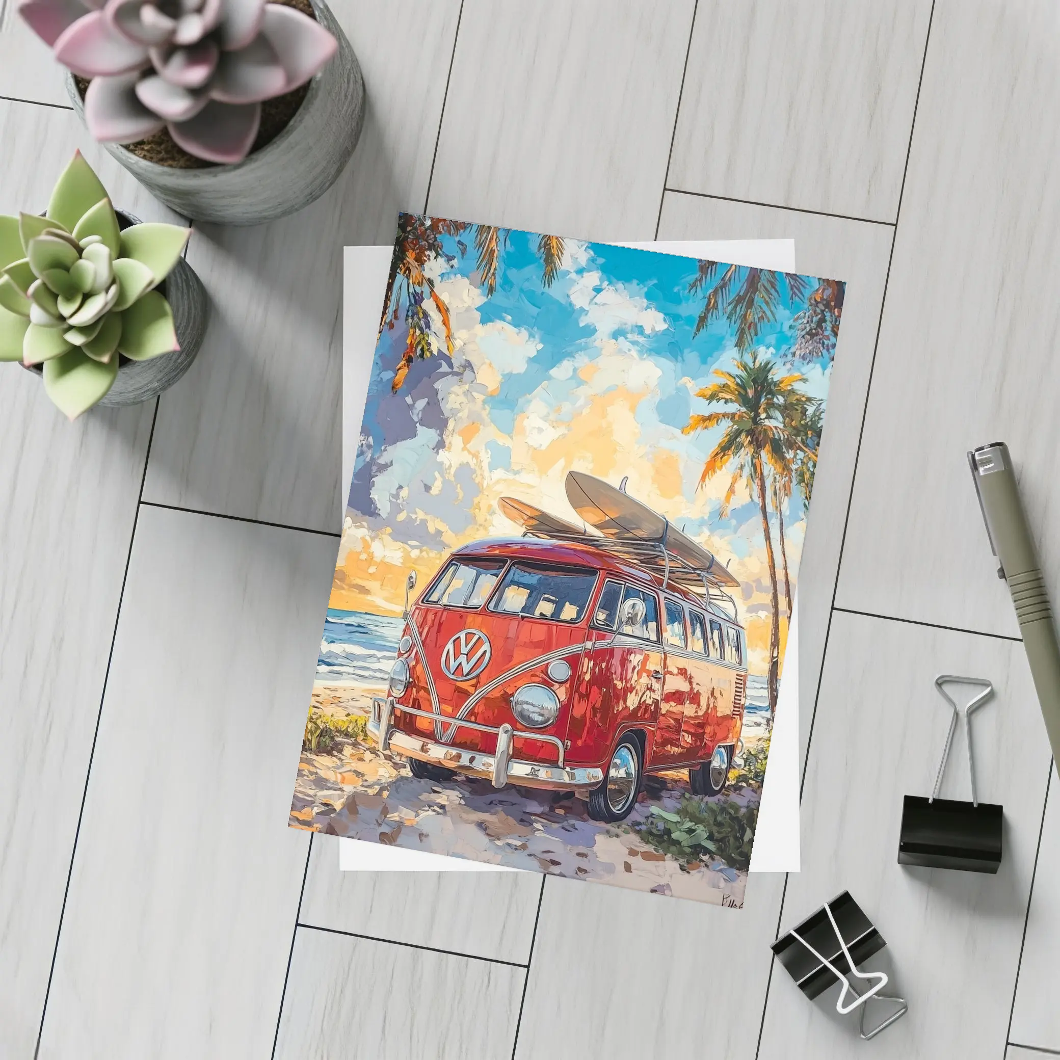 Red VW Bus Parked On Tropical Beach – Postcards
