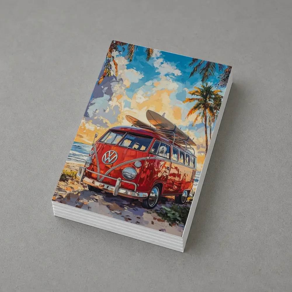 Red VW Bus Parked On Tropical Beach – Postcards