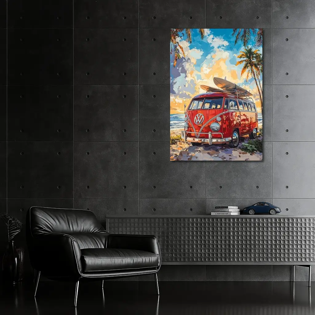 Red VW Bus Parked On Tropical Beach – Wall Art