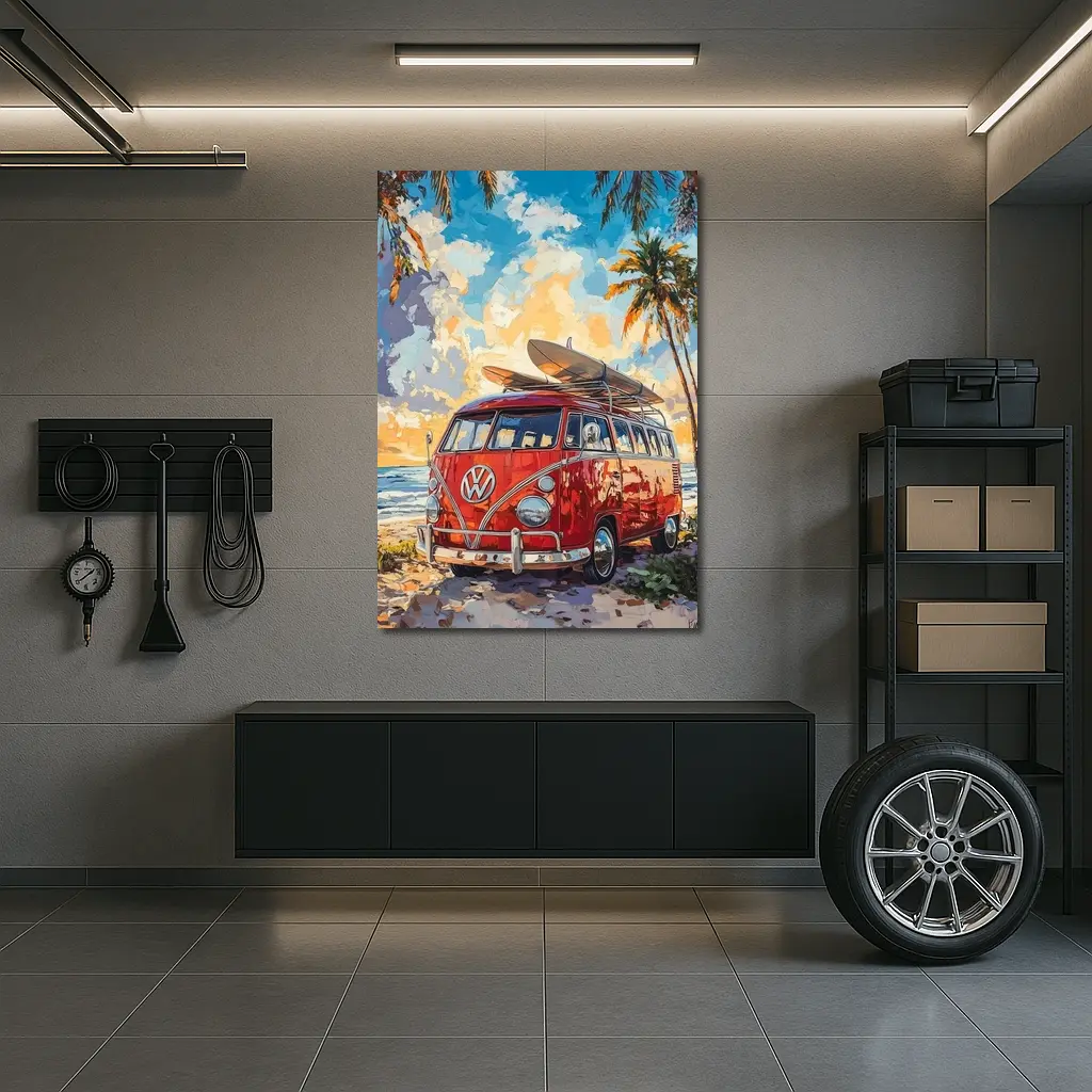 Red VW Bus Parked On Tropical Beach – Wall Art