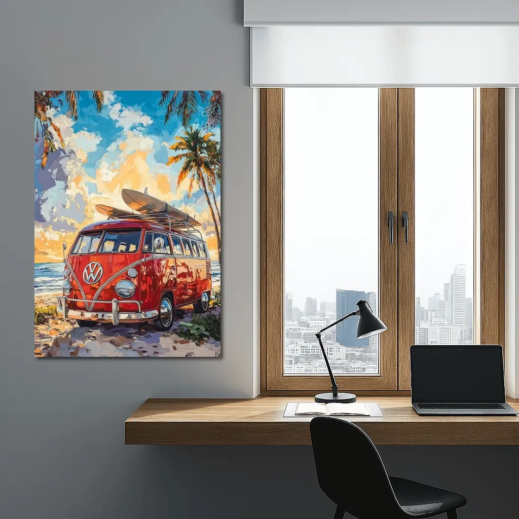 Red VW Bus Parked On Tropical Beach – Wall Art
