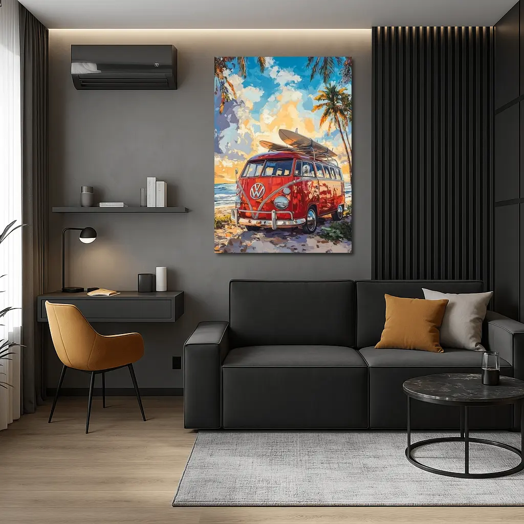 Red VW Bus Parked On Tropical Beach – Wall Art