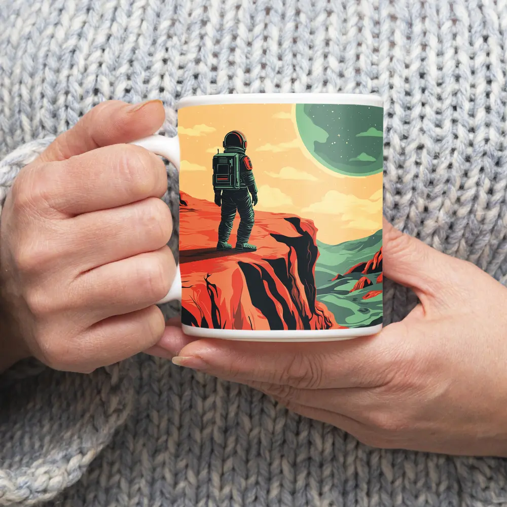 Astronaut Standing On Red Planet Cliff – Mugs
